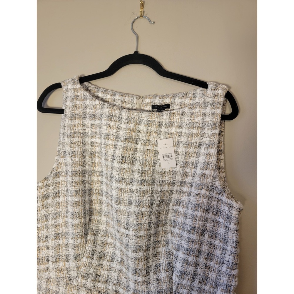 Ann Taylor Tweed Check Sheath Dress Beige White Fringe‎ Zip Scoop Neck Size 10 - Picture 4 of 7